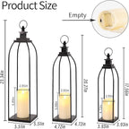 DARJEN 3 Pcs Black Metal Decorative Candle Lantern Set, 16'' 19'' 22'' Modern Lantern with 3 Flameless Candles for Indoor & Outdoor, Decorative Large Lanterns for Porch, Patio, Fireplace & Home Decor