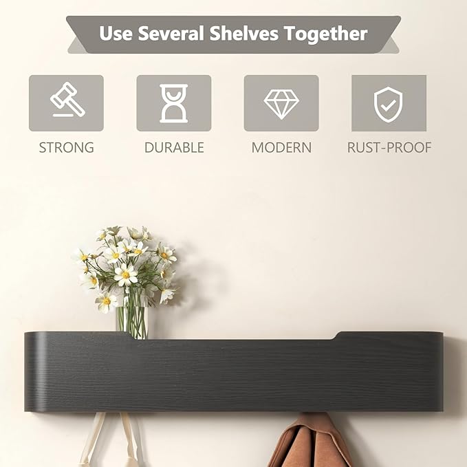 Coat Rack Wall Mount Entryway Organizer Modern Key Holder Wall Mount with Wooden Shelf Entryway Hooks for Bedroom Kitchen Hallway Bathroom for Hanging Coats Hats Bags Towels