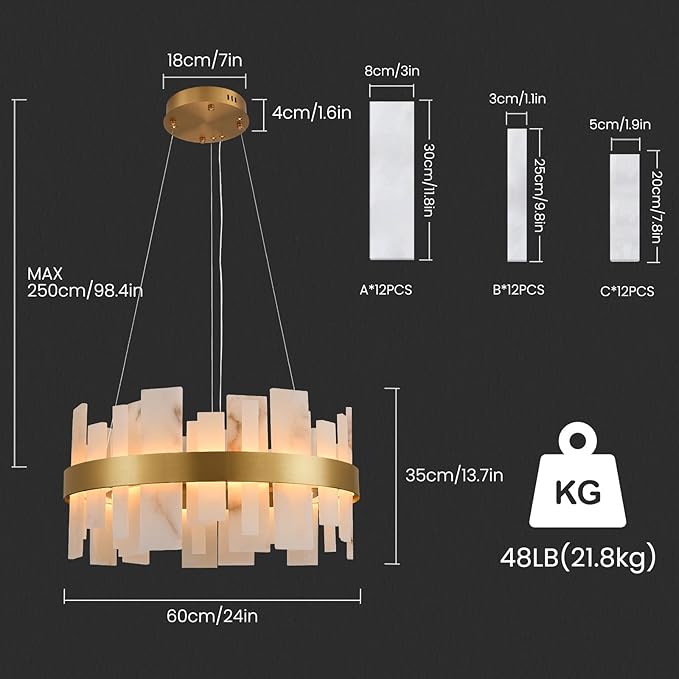Alabaster Round Chandelier, D24 Inch Natural Spanish Marble Stone Texture Chandeliers, Dimmable Dining Room Chandelier over Table, Modern Luxury Lighting for Living Room, Bedroom, Entryway, Foyer