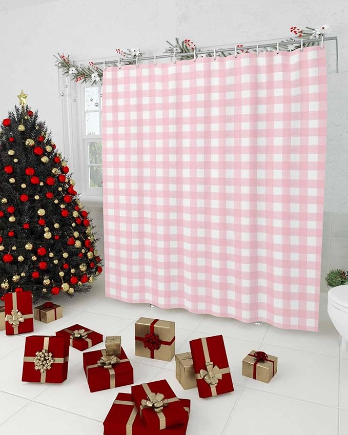 Christmas Shower Curtain, Rustic Pink White Buffalo Check Plaid Pattern Shower Curtains Set with Hooks, Farmhouse Waterproof Fabric Bathroom Curtains Decor Home Accessories,72 X 72 Inch Long