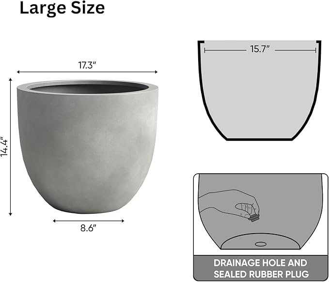 DTY Signature Mount Belford Lightweight and Durable Modern Fiberstone Egg Shaped Planter for Indoor Outdoor Drainage Hole & Rubber Plug Weather Resistant, 15" H x 18" Dia, 15.5" Opening - Large, Gray