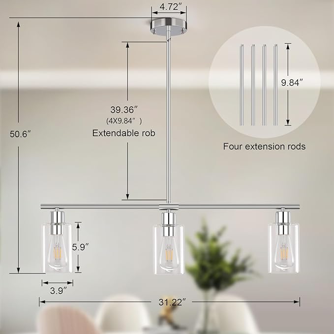 Kitchen Island Lighting, 3 Lights Linear Chandeliers Rectangle Pendant Light Fixtures for Dining Room Farmhouse Hanging Light with Glass Shades(Chrome)