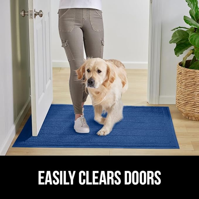 GORILLA GRIP Dirt Grabber Mesh Doormat, Low-Profile, Stain and Fade Resistant Heavy Duty Quick Dry Striped Doormats, Mats for Indoor or Outdoor Entry, Shoe Scraper, Garage Entrance Mat 47x35, Blue