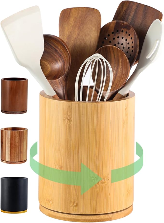 Wooden Utensil Holder, 360°Rotating 7.3'' Large Utensil Holder for Kitchen Counter, Kitchen Utensil Organizer, Utensil Crock, Farmhouse Kitchens Countertop Decor, Bamboo Wood