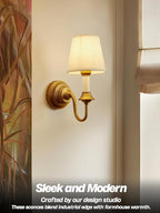 Brass Boho Fabric Wall Sconce Light with Curved Arm, Rustic Linen Cloth Wall Light Fixtures, Hardwired Brass Wall Mounted Lamp for Bathroom Vanity Bedroom Living Room