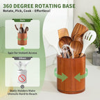 Wooden Utensil Holder, 360°Rotating 7.3'' Large Utensil Holder for Kitchen Counter, Kitchen Utensil Organizer, Utensil Crock, Farmhouse Kitchens Countertop Decor, Sapele Wood