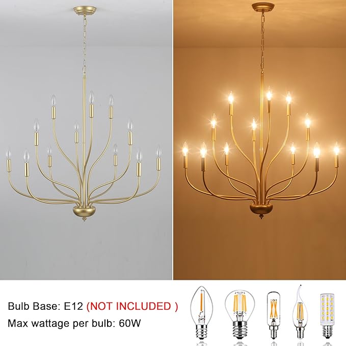 Modern Gold Chandelier for Dining Room,12-Light Gold Chandeliers,34 Inch Large Industrial Hanging Light Fixture for High Ceilings for Living Room, Kitchen, Entryway,Foyer