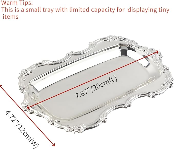 Quluxe Small Vintage Trinket Dish Jewelry Tray Perfume Organizer Tray for Wedding Photographer Detail Props Ceremony Antique Decor (Silver)