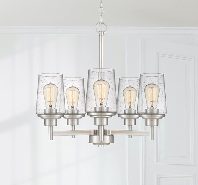 Jacob Modern 5-Light Chandelier Pendant Ceiling Light Brushed Nickle Seeded Glass Shade Adjustable Height for Hallway, Entryway, Passway, Dining, Bedroom, Kitchen