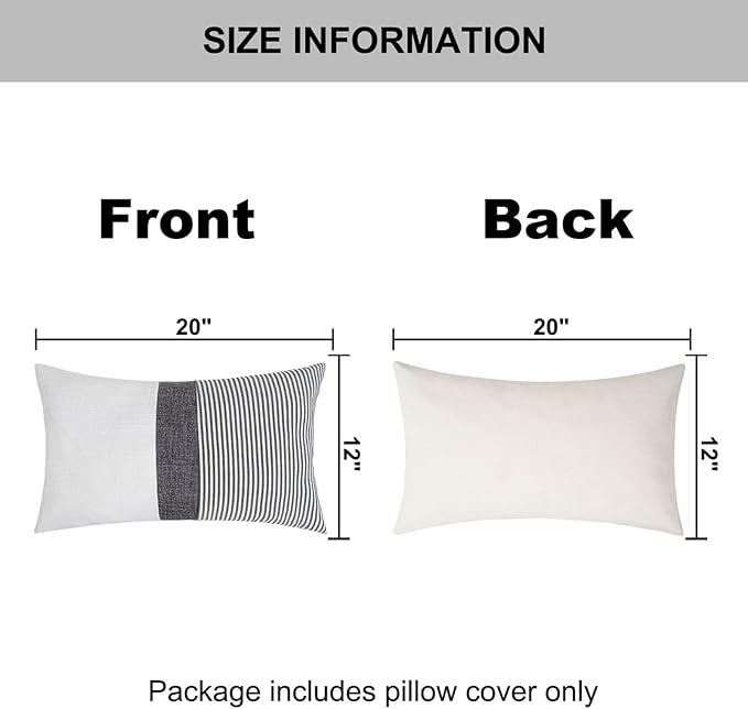 Adabana Stripe Pillow Covers 12x20 Set of 2 Square Patchwork Linen Decorative Lumbar Throw Pillow Covers Modern Farmhouse Decor Pollowcases for Couch Sofa Bedroom,White Stripe