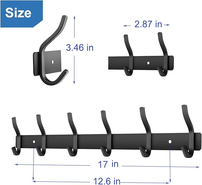 Wall Hooks Heavy Duty, 17 Inch Coat Rack Wall Mount with 6 Hooks, Black Wall Hooks for Hanging Backpack, Bag, Purse, Clothes, Hat, Coat, Towel | Entryway & Bathroom Storage Organization Hanger