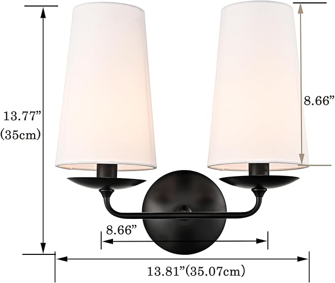 2-Light Black Wall Sconce Industrial Wall Lamp Hardwired Double Head Classic Sconce with Fabric Shade for Bedroom Hallway Powder Room