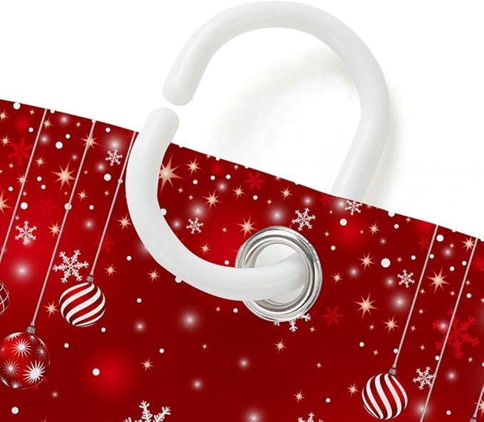 Red Christmas Shower Curtain Set, Merry Christmas Ball Winter Snowflakes Glitter Sparkle Shower Curtain for Bathroom Xmas Holiday Decor, Durable Fabric Machine Washable with Hooks, 72 x 72 Inches