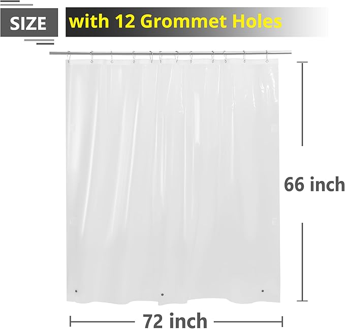 Short Clear Shower Curtain Liner 66 Inch Length, Heavy Duty Plastic Shower Curtain with Magnets 72 x 66 Inches Long, Clear, 72x66