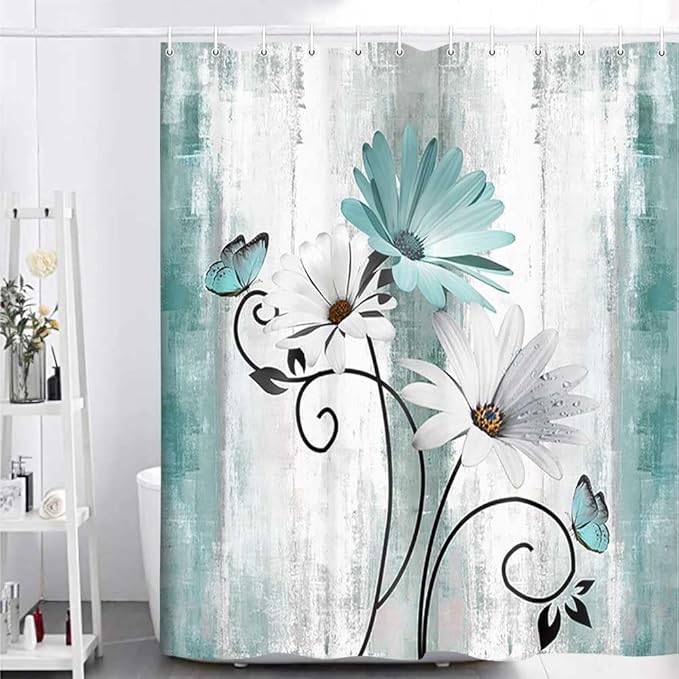 Rustic Farmhouse Shower Curtain, Farm Teal Daisy Floral Flowers and Butterfly on Country Wooden Shower Curtain for Bathroom, Turquoise Blue Bathroom Shower Curtains with 12PCS Hooks, 70X84IN