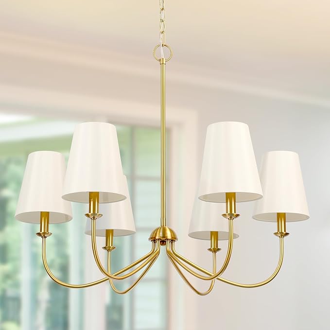 Gold Chandelier, Brushed Brass with Beige Fabric Shade, 6-Light 28" Modern Farmhouse Linear Pendant Lighting Fixture for Kitchen Island