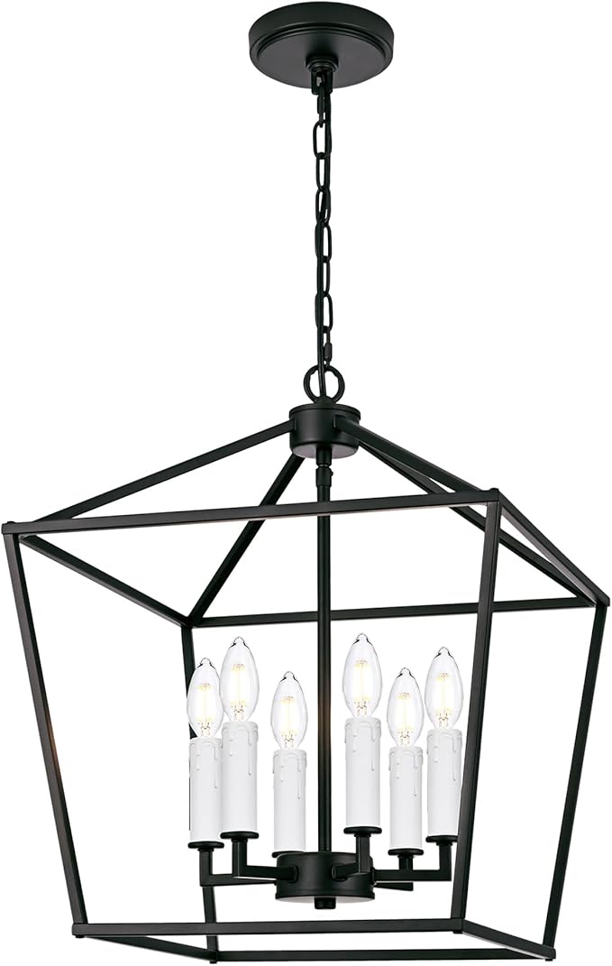 MELUCEE Rustic Open Cage Chandelier 6 Lights in Black Farmhouse Lantern Hanging Ceiling Light Large Pendant Light with White Candle-Shaped Socket for Hallway Dining Room Kitchen Island, E12 Base