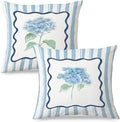 JINYO Retro Blue Hydrangea Floral Pillow Covers 18x18 Set of 2, Floral Room Decor, Rustic Blue and White Striped Botanical Flower Decorative Pillow Cases for Couch Living Room Bedroom Home