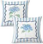 JINYO Retro Blue Hydrangea Floral Pillow Covers 18x18 Set of 2, Floral Room Decor, Rustic Blue and White Striped Botanical Flower Decorative Pillow Cases for Couch Living Room Bedroom Home