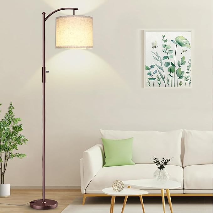 Dimmable Floor Lamp, Arc Floor Lamps for Living Room, Stepless Dimming Modern Standing Lamp with Linen Shade, Tall Lamp for Bedroom Office Dining Room- Brown