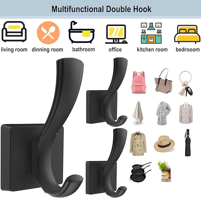 Black Towel Hooks Coat Hook, Towels Robe Holder for Bathroom Hat Hooks for Wall Hanging Key Bag Backpack (5 Pack, Black)
