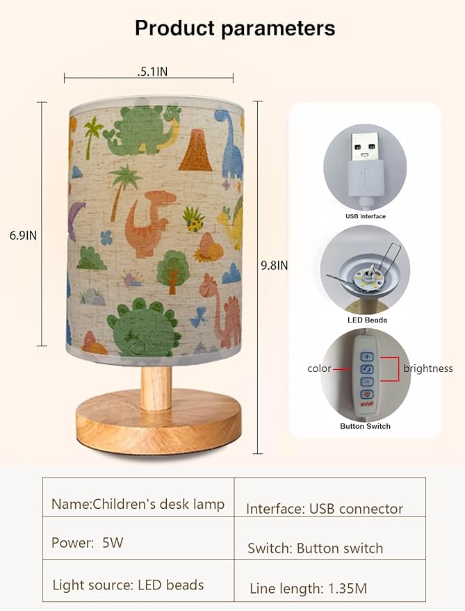 Dinosaur Lamp, Dinosaur Room Decor for Boys, 3 Level Dimmable Wood Nightstand Desk Base Flaxen Fabric Shade for Bedroom Living Room, Dino Gifts for Boys