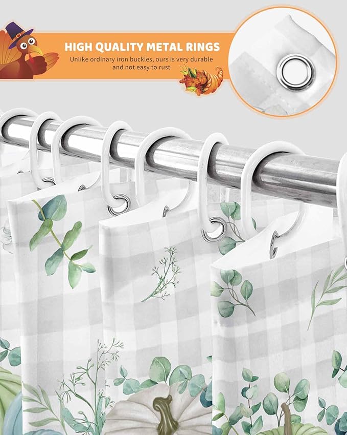 Fall Thanksgiving Shower Curtain, Autumn Pumpkins Eucalyptus Leaves Shower Curtains Set with Hooks, White Blue Green Gray Plaid Waterproof Fabric Bathroom Curtains Decor Accessories,Stall 36 X 72 Inch
