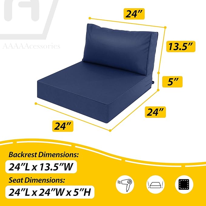 AAAAAcessories Outdoor Deep Seat Cushions, Waterproof, Fade-Resistant Patio Furniture Replacement Cushions, 24" x 24" x 5" + 24" x 13.5", Navy Blue