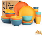 Wheat Straw Dinnerware Sets, Dishes Set for 8, Unbreakable Plates and Bowls Sets 32-Piece, Microwave Safe Plastic Plates Reusable, Cup Sets, Bowls for Kitchen, Outdoor, Camping - Multi