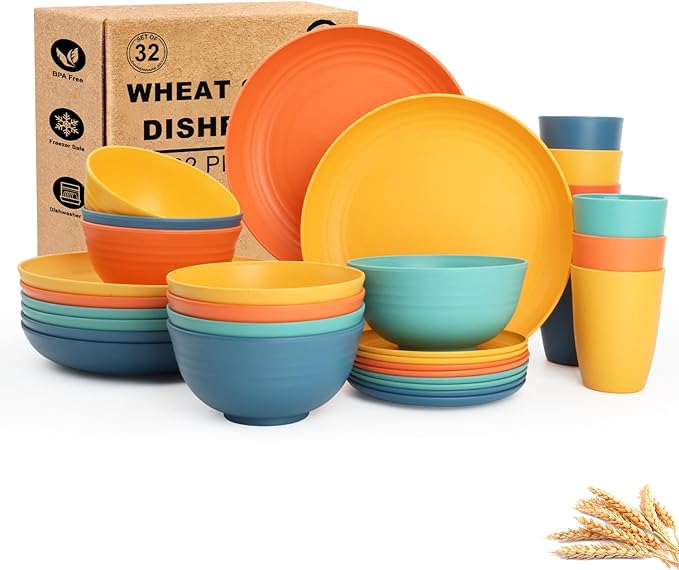 Wheat Straw Dinnerware Sets, Dishes Set for 8, Unbreakable Plates and Bowls Sets 32-Piece, Microwave Safe Plastic Plates Reusable, Cup Sets, Bowls for Kitchen, Outdoor, Camping - Multi