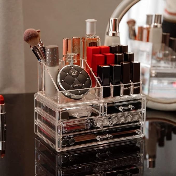 Cq acrylic Clear Make Up Organizer Countertop,Small 4 Drawers Cosmetic Storage,Cute Vanity Skincare Organizers for Jewelry,Lipstick,Makeup Brush,Beauty Product Desk and Bathroom Organizers and Storage