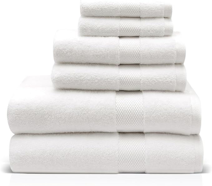 Premium Staple Cotton Bathroom Towel Set - White 600 GSM 6-Piece Luxury Bath Towel Set 1 Stripe - 2 Bath Towels, 2 Hand Towels & 2 Washclothes Set - High Absorbent & Quick Dry for Gym, Spa, Hotel