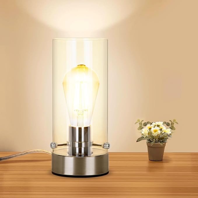 Bedside Table Lamp for Bedroom Living Room, Modern Nightstand Lamp with Glass Lamp Shape, 2700K 6W Glass Bulb Included(Nickel).