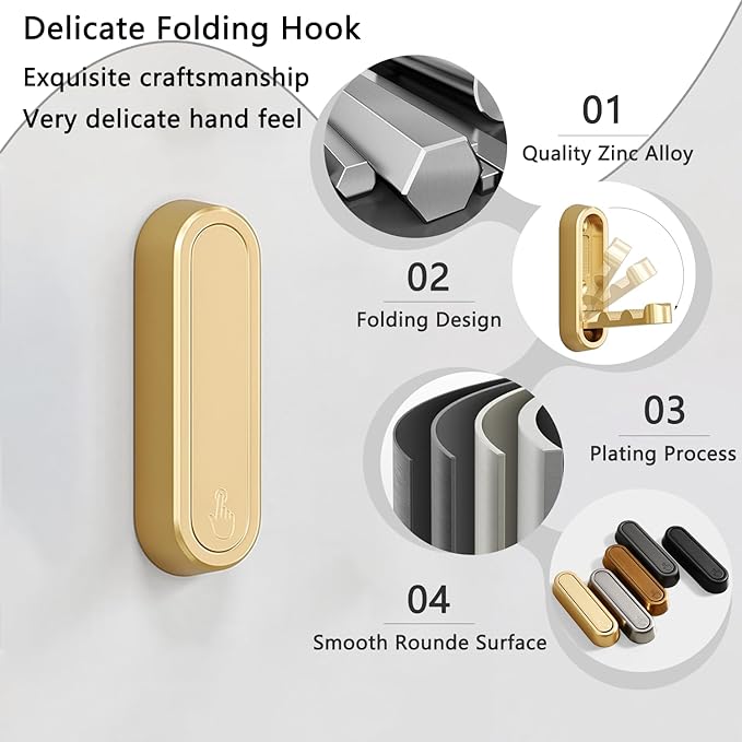4PCS Folding Coat Hook, Heavy Duty Wall Hooks Made of Zinc Alloy, Foldable Gold Wall Hooks for Hanging Coats, Scarves, Hats, Bathrobes, Keys, Bags (Gold)