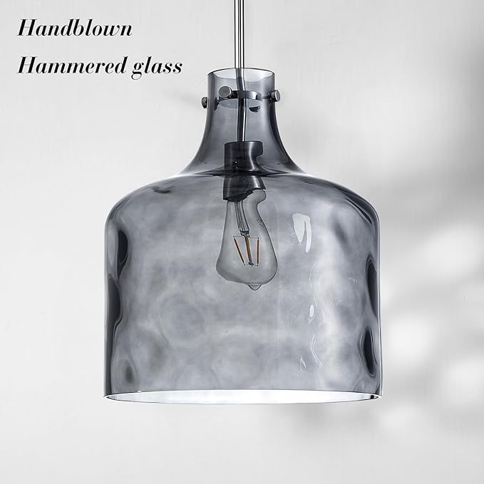 16" Extra Large Farmhouse Pendant Light – Hand-Blown Smoked Gray Hammered Glass Shade, Polished Chrome Finish, Adjustable Chain Hanging Light Fixture for Kitchen Island, Dining Room, Hallway