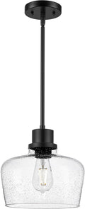 Emak 10 Inch Large Pendant Light, Black Pendant Lights Kitchen Island with Seeded Glass Shade, Modern Farmhouse Island Lights for Kitchen, Dining Room, Entrance, PL126-BK-SG