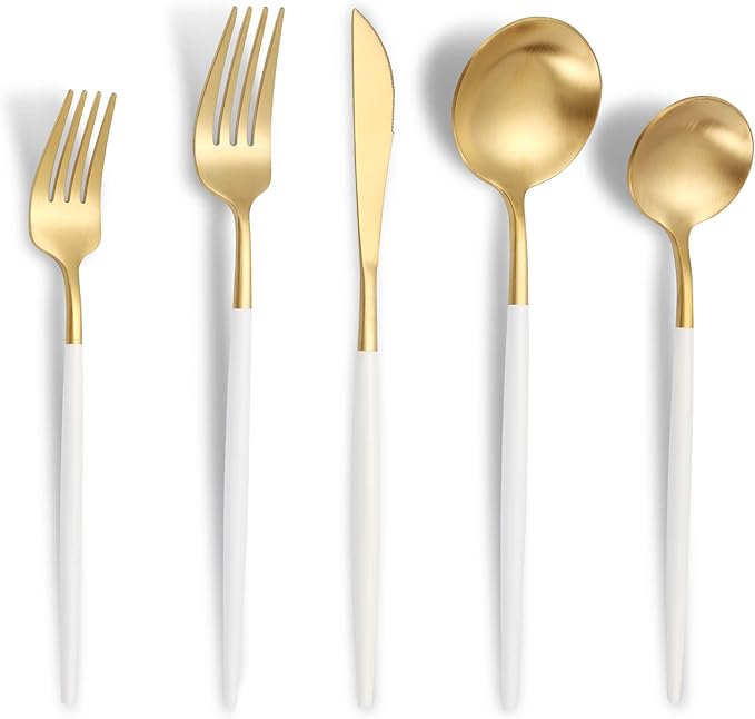 Lemeya Matte White Gold Silverware Set for 6,Modern Stainless Steel Brushed Cutlery Set,30-Pieces Heavy Duty Flatware Set,Knives Spoons and Forks Set Utensils Set, Satin Finish, Dishwasher Safe