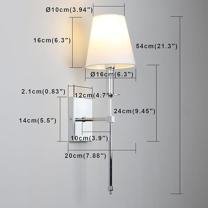 PERMO Single Classic Rustic Industrial Wall Sconce Lighting Fixture with Flared White Textile Lamp Shade and Chrome Tapered Column Stand