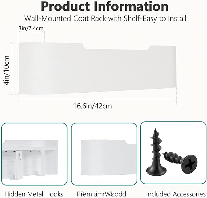 Coat Rack Wall Mount with Hidden Hooks Entryway Hanging Shelf Modern Wood Coat Hanger for Bedroom Kitchen Hallway Bathroom (White,16.6 Inch Long)
