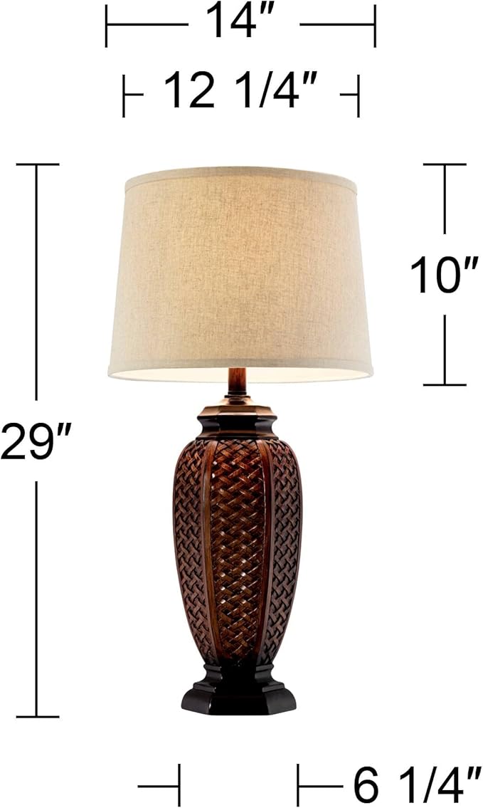 Regency Hill Country Cottage Tropical Natural Table Lamp 29" Tall Brown Woven Wicker Pattern Beige Linen Drum Shade Decor for Living Room Bedroom House Home Dining Office Reading Entryway