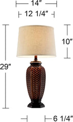 Regency Hill Tropical Natural Cottage Jar Table Lamps 29" Tall Set of 2 Weathered Brown Woven Wicker Beige Linen Fabric Drum Shade Decor for Living Room Bedroom House Bedside Nightstand Home