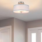 XiNBEi Lighting Semi Flush Mount Ceiling Light, 14" Drum Light Fixture with Grey Fabric Shade, 3-Light Brushed Nickel Ceiling Lamp for Bedroom Living Room Kitchen Hallway