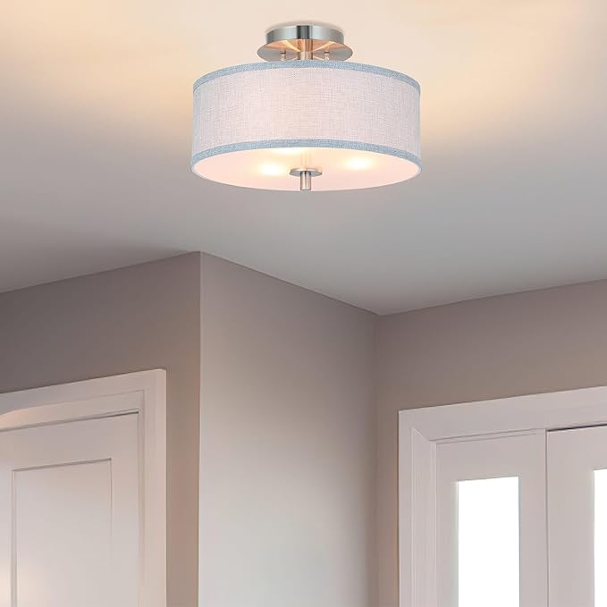 XiNBEi Lighting Semi Flush Mount Ceiling Light, 14" Drum Light Fixture with Grey Fabric Shade, 3-Light Brushed Nickel Ceiling Lamp for Bedroom Living Room Kitchen Hallway