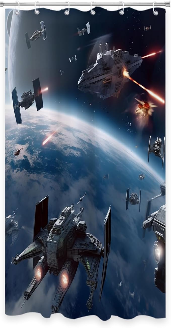 Universe War Cool Shower Curtain Bathroom Bathtubs Funny Planet Science Fiction Movie Theme Fabric Shower Curtain Set with 6 Hooks 36x72 inch Polyester Machine Washable, Blue Grey