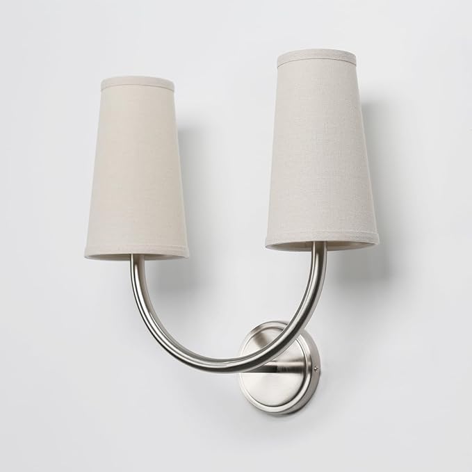 Yosoan Linen Wall Sconce Indoor Night Light Fixture, 2-Light Dual Vintage Industrial Hardwired Sconces Wall Lighting with Textile Fabric Shade Lamp for Bedroom Living Room Corridor Study(Brushed)