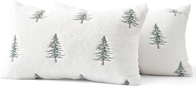 MIULEE Christmas Decorative Pillow Covers Set of 2 Faux Fur Throw Pillows with Embroidered Christmas Tree 12x20 Inch White Green Winter Couch Covers for Festival Sofa Bedroom Living Room Home Decor