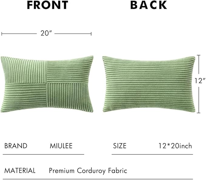 MIULEE Sage Green Corduroy Pillow Covers Pack of 2 Boho Decorative Spliced Throw Pillow Covers Soft Solid Couch Pillowcases Cross Patchwork Textured Cushion Covers for Living Room Bed Sofa 12x20 inch