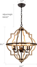Q&S Rustic Antique Orb Chandelier Farmhouse Vintage 6-Lights Oak White Hanging Ceiling Light Fixtures for Foyer Dining Room Kitchen Living Room