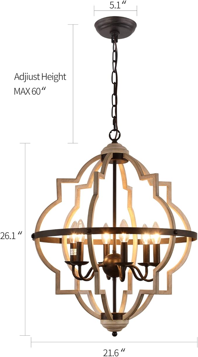 Q&S Rustic Antique Orb Chandelier Farmhouse Vintage 6-Lights Oak White Hanging Ceiling Light Fixtures for Foyer Dining Room Kitchen Living Room