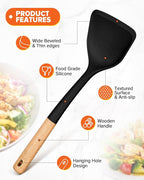 Silicone Cooking Utensils Set, Perfectly Angled for Frying, Mixing,Serving,Draining,Turning and Stirring, BPA-Free Matte Silicone, Wood Handles, Safe for Nonstick Cooking Surfaces,4 Pack (Black)